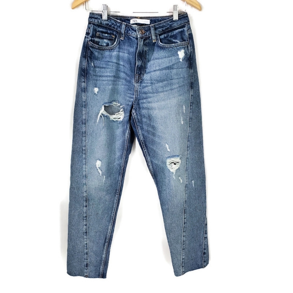 Zara Barrel Boyfriend Distressed Jeans Size 00 Raw Hem Ankle Length Denim Baggy